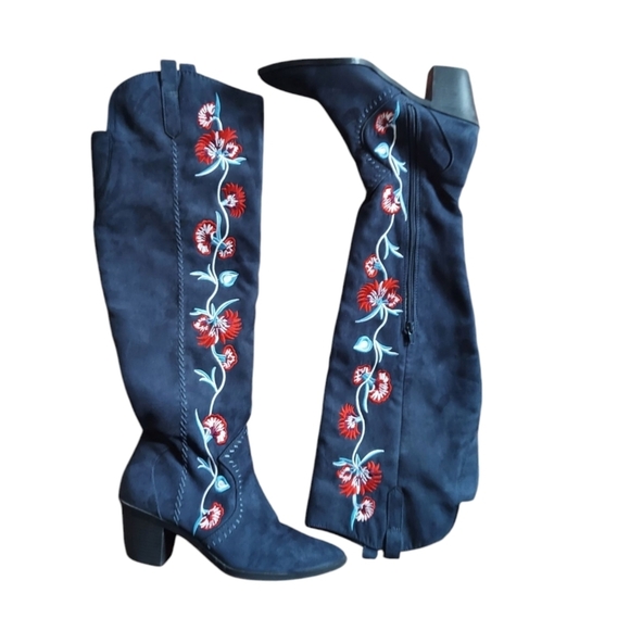 Carlos by Carlos Santana Shoes - Carlos by Carlos Santana Alexia Floral Embroidered Knee-High Boots - Navy Blue